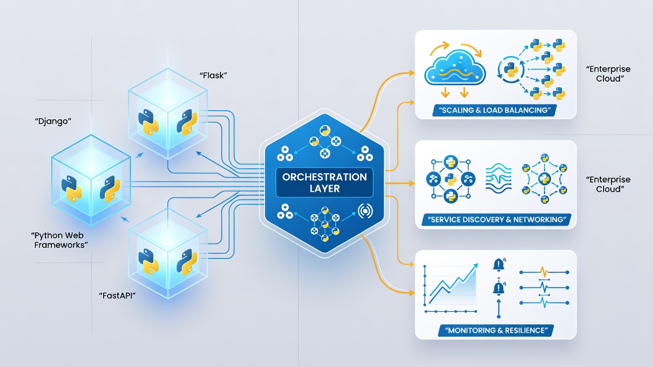 Kubernetes cluster managing scaled Python web application pods with load balancing and monitoring integrations